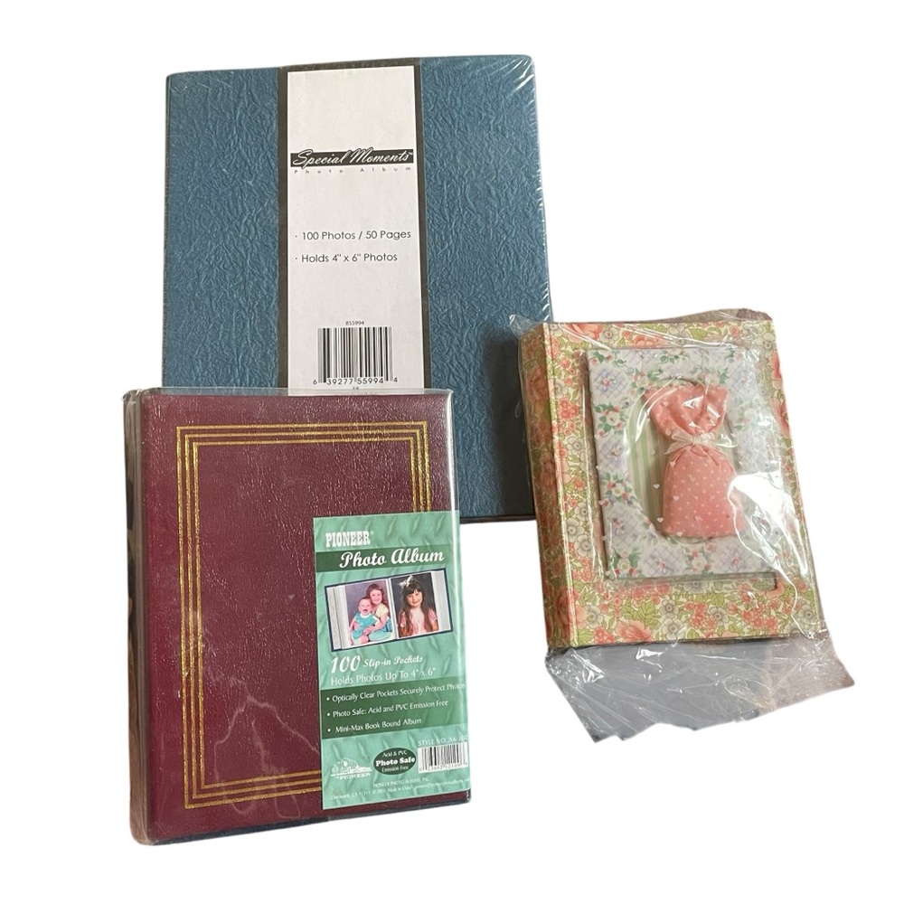 Photo Albums Lot of Three Blue Burgundy and Floral Plus Picture Frame and Sachet
